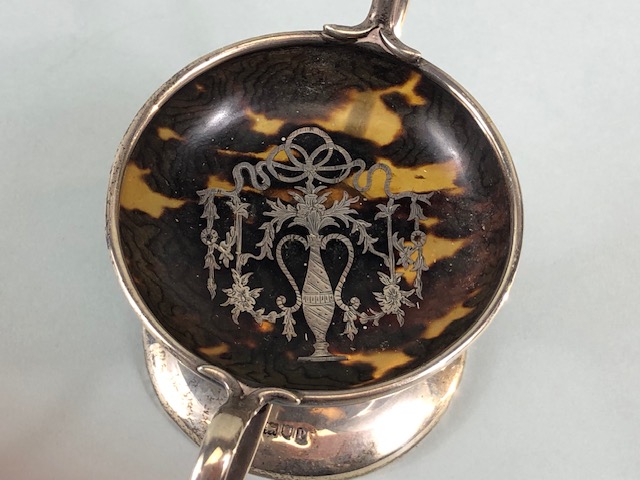 Antique English Silver pin dish shaped as an urn, faux tortoise shell bowl silver inlaid - Image 4 of 6