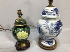 Table lamps, two oriental style lamp bases, one formed as a ginger jar with blue and white