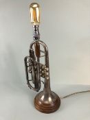 Table Lamp, Novelty lamp base made from a vintage Boosey and Hawkes 78 silver plated cornet on a