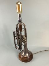 Table Lamp, Novelty lamp base made from a vintage Boosey and Hawkes 78 silver plated cornet on a