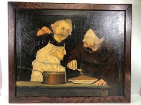 Oil painting, 19th century painting of two monks cooking and eating spaghetti in a dark oak frame,