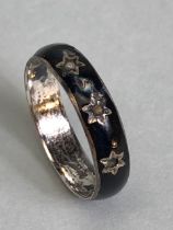 Early Victorian Full Mourning ring, Black enamel on white metal set with seed pearls,