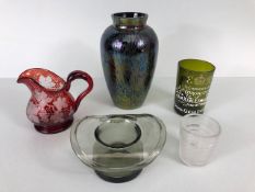 Collection of glass to include Stourbridge red jug, Royal Brierley Vase, Coronation mug, Sowerby