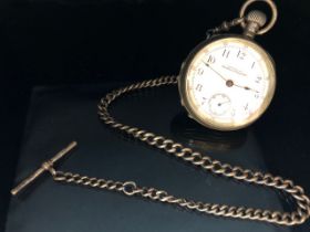 Silver hallmarked Pocket watch and chain, Arabic numeral dial with outer minute ring and