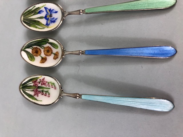 Set of Six hallmarked silver and enamel teaspoons hallmarked for Birmingham by maker C Robathan & - Image 2 of 5