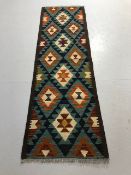 Oriental Carpet, Wool Hand knotted Maimana Kilim Runner colourful geometric design approximately 210