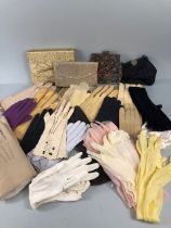 Vintage clothing, collection of vintage evening bags and a collection vintage gloves of leather