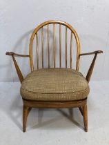 Mid century furniture, Ercol Windsor style arm chair in blonde wood with one original cushion