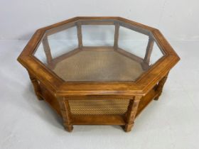 Modern Furniture, octagonal wooden coffee table with insert glass top, woven rattan magazine shelf