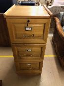 Modern office filing cabinet in a blond elm finish, run of 3 drawers with brass fittings