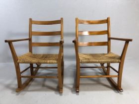 Mid Century furniture, 2 Carl Hanson style pine rocking chairs with woven coir seats 3 slat backs