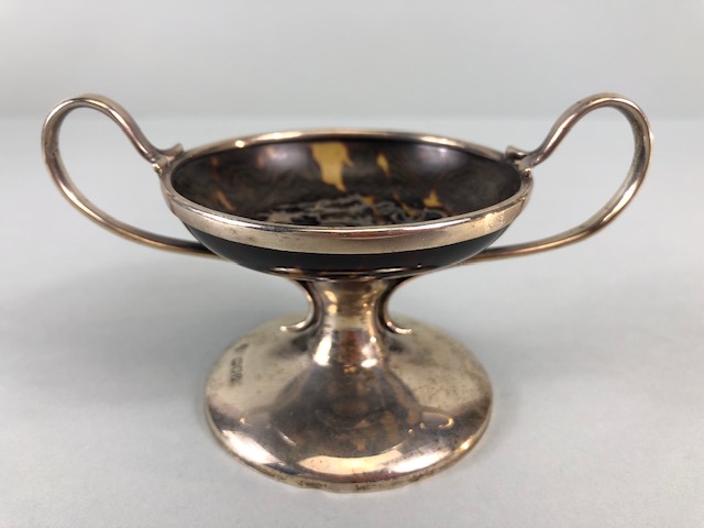 Antique English Silver pin dish shaped as an urn, faux tortoise shell bowl silver inlaid