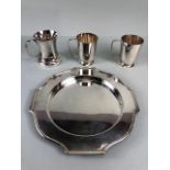 Silver Plate by Walker and Hall comprising of two slim line mugs approximately 9.5cm high, tankard