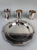 Silver Plate by Walker and Hall comprising of two slim line mugs approximately 9.5cm high, tankard