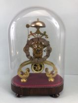 Antique Clock, Victorian brass eight day Fusee skeleton clock, the 11cm silvered and scalloped