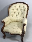 Antique furniture, !9th century padded fabric and button scoop back armchair, carved walnut surround