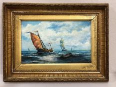 Painting / picture, oil style picture printed on canvas of a sea scape with 2 french ships in a gilt
