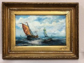 Painting / picture, oil style picture printed on canvas of a sea scape with 2 french ships in a gilt