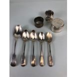 Antique English Hallmarked silver, 4 Georgian teaspoons, Victorian dessert spoon, 2 napkin rings and