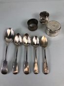 Antique English Hallmarked silver, 4 Georgian teaspoons, Victorian dessert spoon, 2 napkin rings and