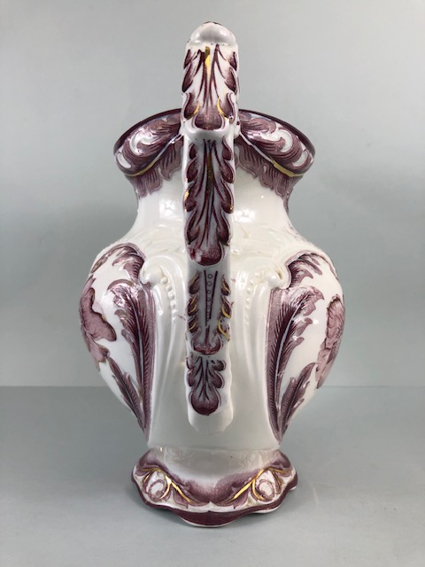 Decorative China, large Victorian water jug decorated with magenta flowers on a white background and - Image 3 of 8