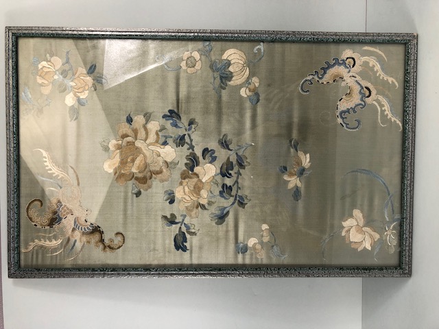 Antique Chinese Silk embroidered panel decorated with designs symbolising health wealth and