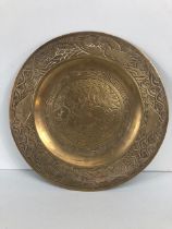 Chinese brass plate with mythological animal designs the base with twin dragon and character
