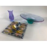 Art glass , studio made multi coloured square dish with ground pontil mark to base, approximately