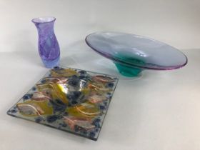 Art glass , studio made multi coloured square dish with ground pontil mark to base, approximately