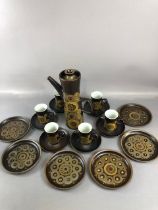 Vintage Retro Denby Arabesque pattern 1960s coffee set to include 6 cups , 6 saucers, 6 cake plates,