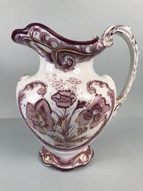 Decorative China, large Victorian water jug decorated with magenta flowers on a white background and - Image 4 of 8