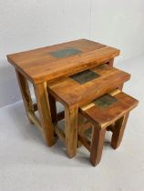 Modern furniture, nest of 3 occasional tables in South American design the tops inlaid with a