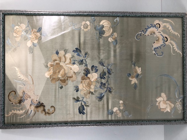 Antique Chinese Silk embroidered panel decorated with designs symbolising health wealth and - Image 2 of 6