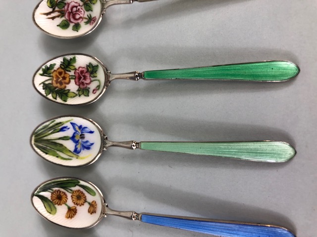 Set of Six hallmarked silver and enamel teaspoons hallmarked for Birmingham by maker C Robathan & - Image 3 of 5