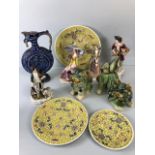 Collection of ceramic items to include, 2 pottery dogs of Foo, 3 modern Chinese plates, 2