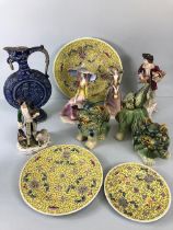 Collection of ceramic items to include, 2 pottery dogs of Foo, 3 modern Chinese plates, 2