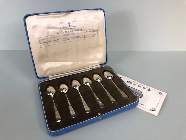 Boxed set of Jubilee Hallmarked Silver spoons (6) for Edinburgh 1935 by maker Romney "R&B" with