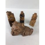 Chinese scroll weights, 3 soapstone carvings on square columns two of immortals one of a dog , 9-
