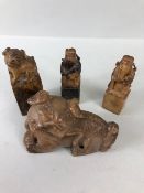 Chinese scroll weights, 3 soapstone carvings on square columns two of immortals one of a dog , 9-