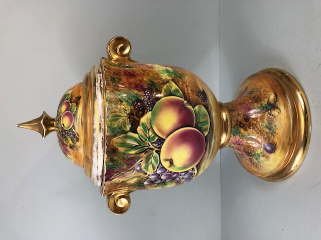 Decorators interest, a Pair of Large Baroness China lidded Urns decorated with paintings of fruit - Image 11 of 13