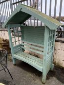 Painted wooden canopied garden bench