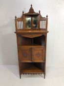 Antique Furniture, Late Victorian corner What Not, in Dark Honey Colour Wood, 2 shelves with central