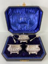 Silver Hallmarked Salts with Blue glass liners and a lidded mustard pot in presentation bod with