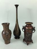 Japanese art, three metal work vases in the late Mieji style being one tall and slender with
