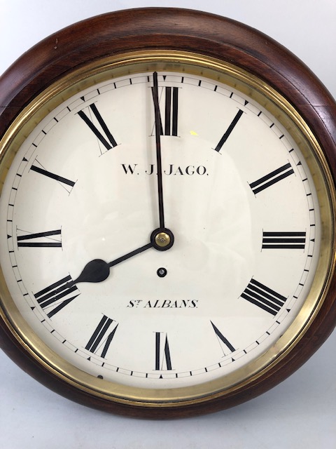 Antique Clock, Round dial eight day wall clock mahogany case with brass framed dial, Roman - Image 3 of 9