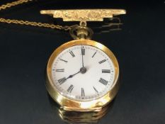 18k OMEGA fob watch, cased diameter, 26mm, with a 9ct gold suspension brooch total weight approx
