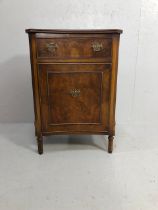 Antique furniture, bedside cupboard with single drawer, burr walnut veneer with flip down brass