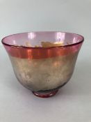Art glass bowl in shades of pink and gold by EMSIE SHARP, on footed base, approx 10cm in height,