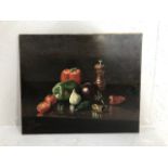 Paintings, Italian Oil on canvas still life study of vegetables on a kitchen table, signed T