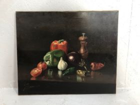 Paintings, Italian Oil on canvas still life study of vegetables on a kitchen table, signed T